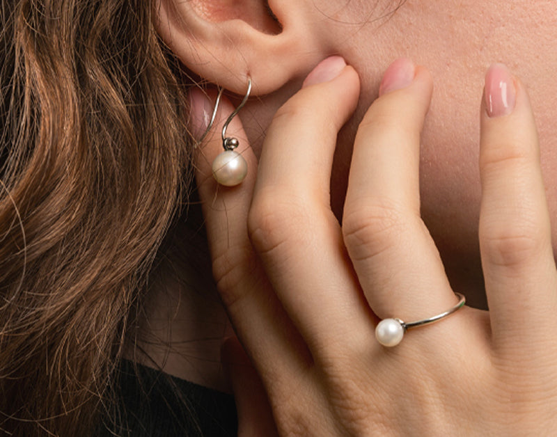 Trollbeads earring hooks with freshwater white pearl pendant and ring