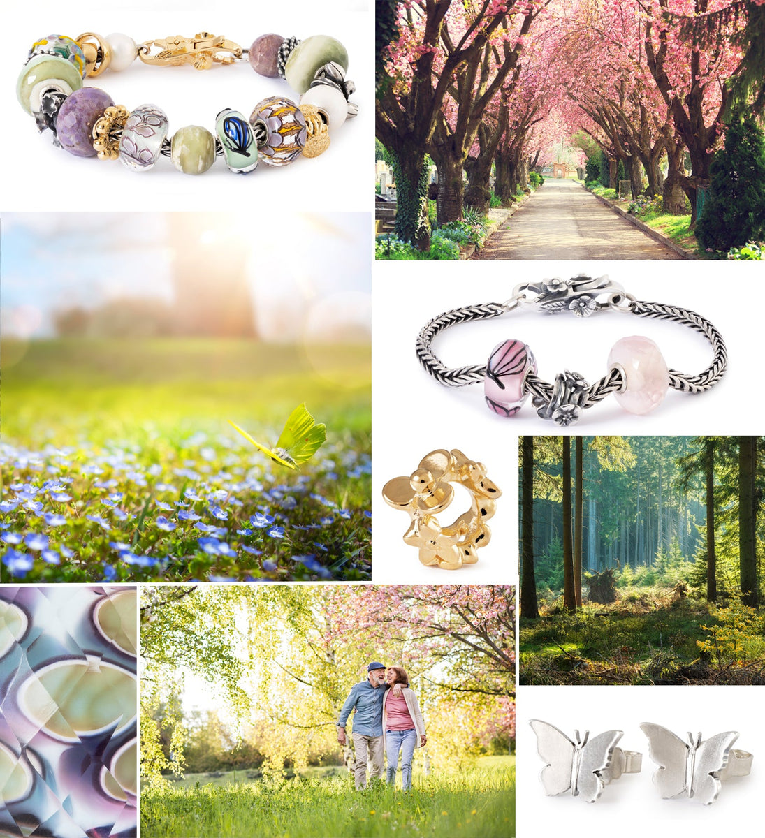 collage of spring in nature and spring-inspired jewellery in green, purple and pink colour tones